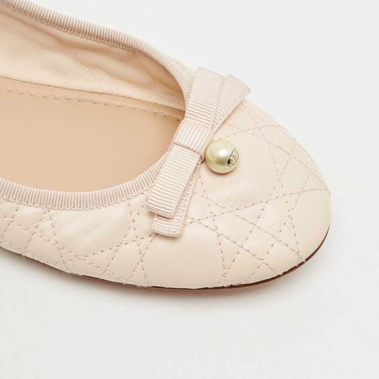 Pre Owned Dior Light Peach Cannage Leather Pearl Bow Ballet Flats Size 40