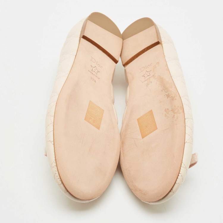 Pre Owned Dior Light Peach Cannage Leather Pearl Bow Ballet Flats Size 39.5
