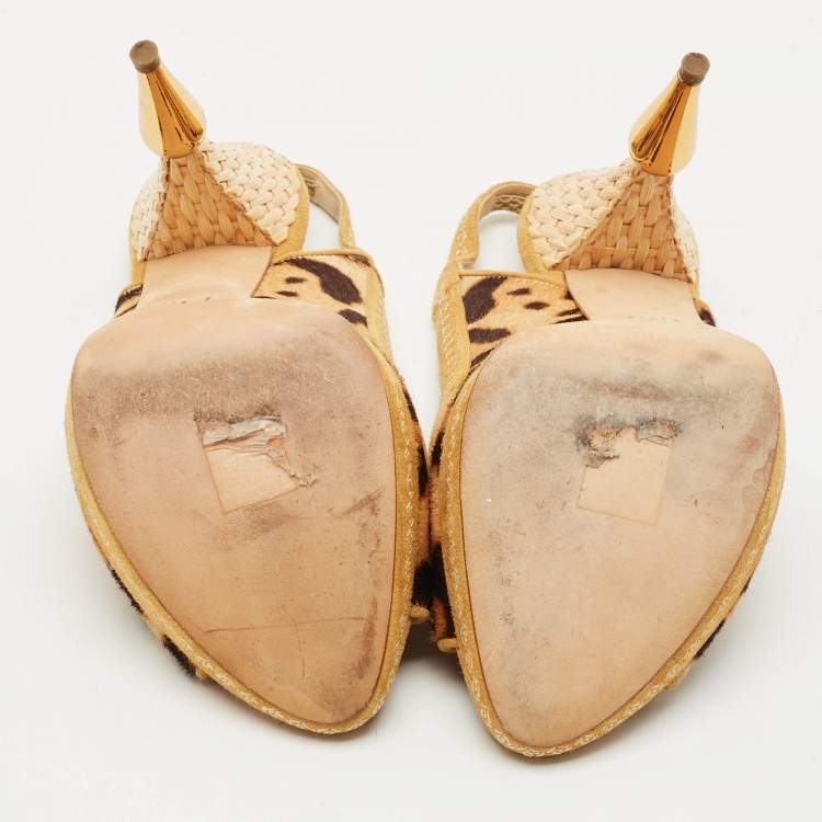 Pre Owned Dior Beige/Brown Calf Hair and Suede Peep Toe Slingback Pumps Size 40.5
