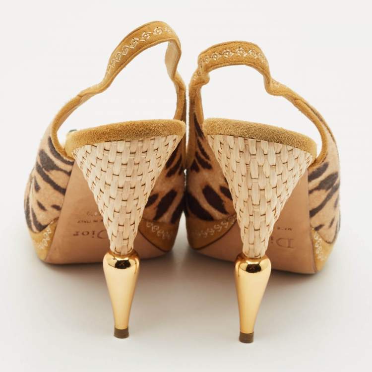 Pre Owned Dior Beige/Brown Calf Hair and Suede Peep Toe Slingback Pumps Size 40.5