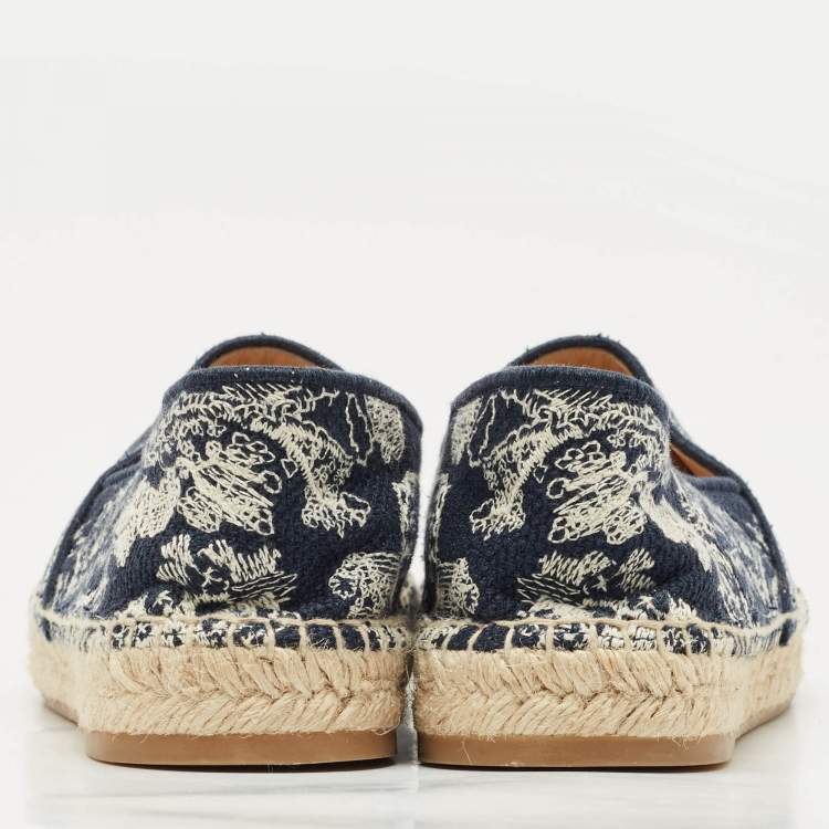 Pre Owned Dior Dark Blue/Beige Oblique Embroidered Canvas Granville Espadrille Flats Size 38
