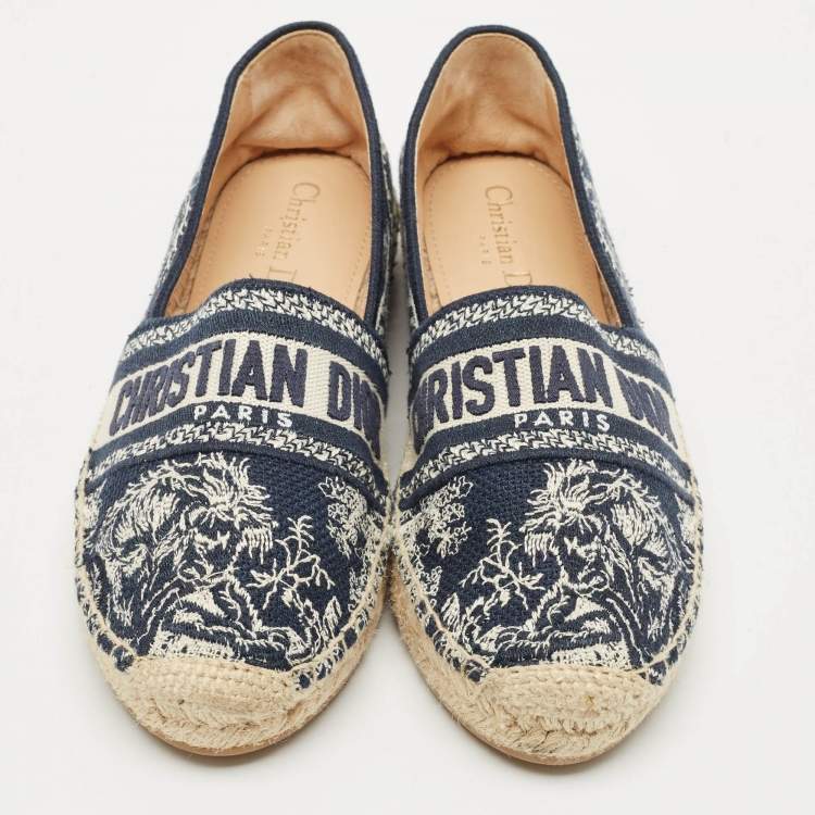 Pre Owned Dior Dark Blue/Beige Oblique Embroidered Canvas Granville Espadrille Flats Size 38