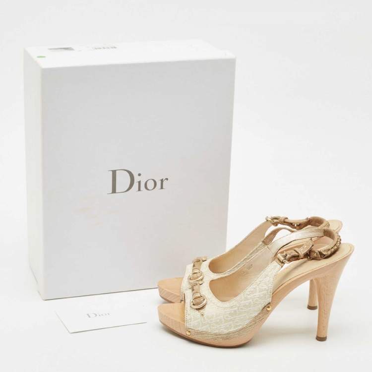 Pre Owned Dior White/Gold Oblique Canvas Platform Slingback Sandals Size 38.5