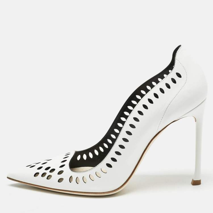 Pre Owned Dior White Laser Cut Leather Pointed Toe Pumps Size 39