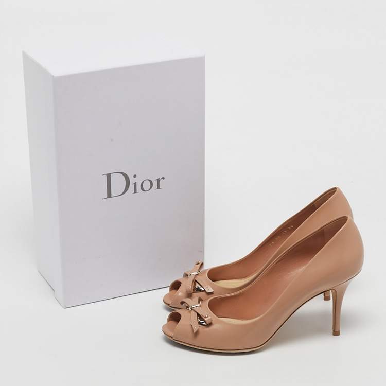 Pre Owned Dior Beige Patent Leather Bow Peep Toe Pumps Size 39