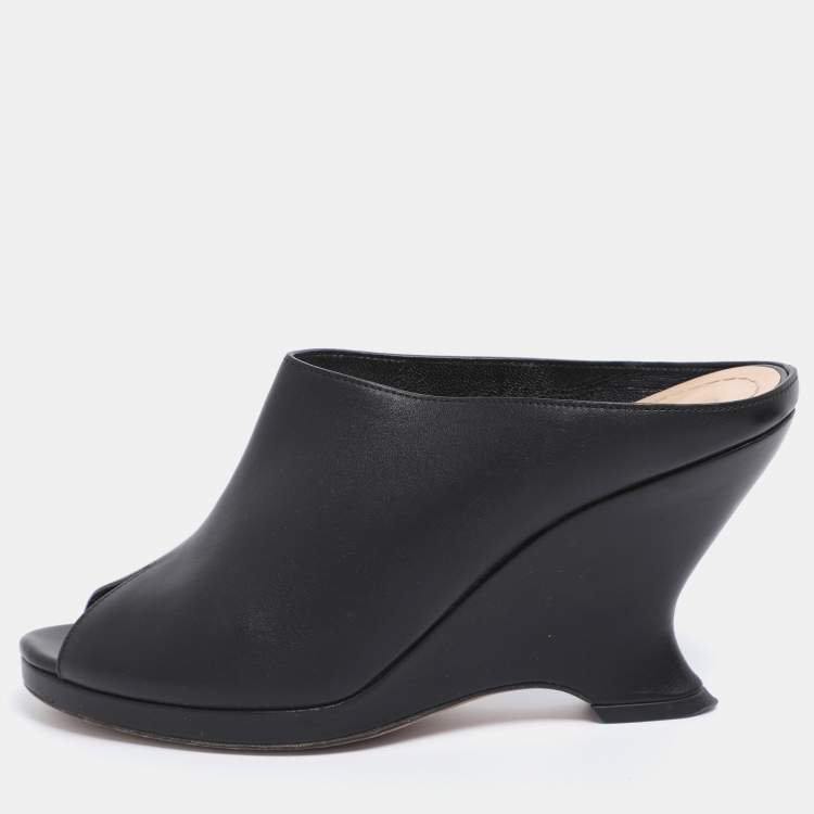 Pre Owned Dior Black Leather Wedge Peep Toe Mules Size 38