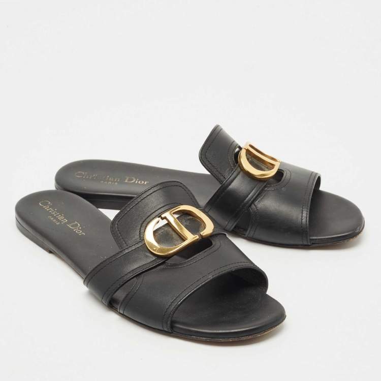 Pre Owned Dior Black Leather 30 Montaigne Flat Slide Sandals Size 40
