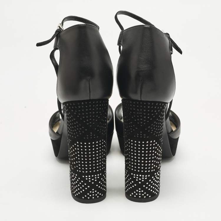 Pre Owned Dior Black Leather and Suede Rainbow Stellar Ankle Strap Sandals Size 39.5
