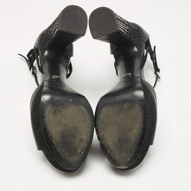Pre Owned Dior Black Leather and Suede Rainbow Stellar Ankle Strap Sandals Size 39.5
