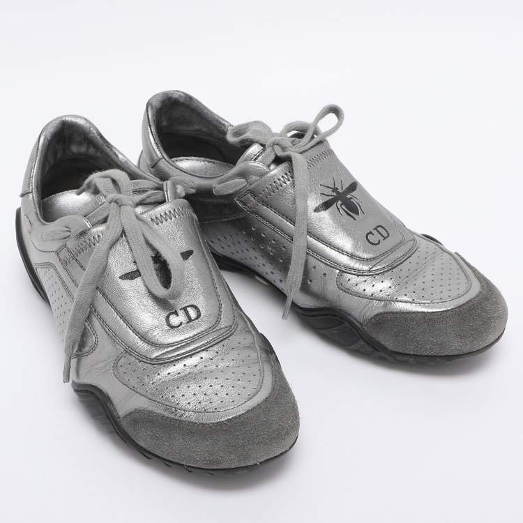 Pre Owned Dior Metallic Grey Leather and Suede D-Fence Sneakers Size 35.5