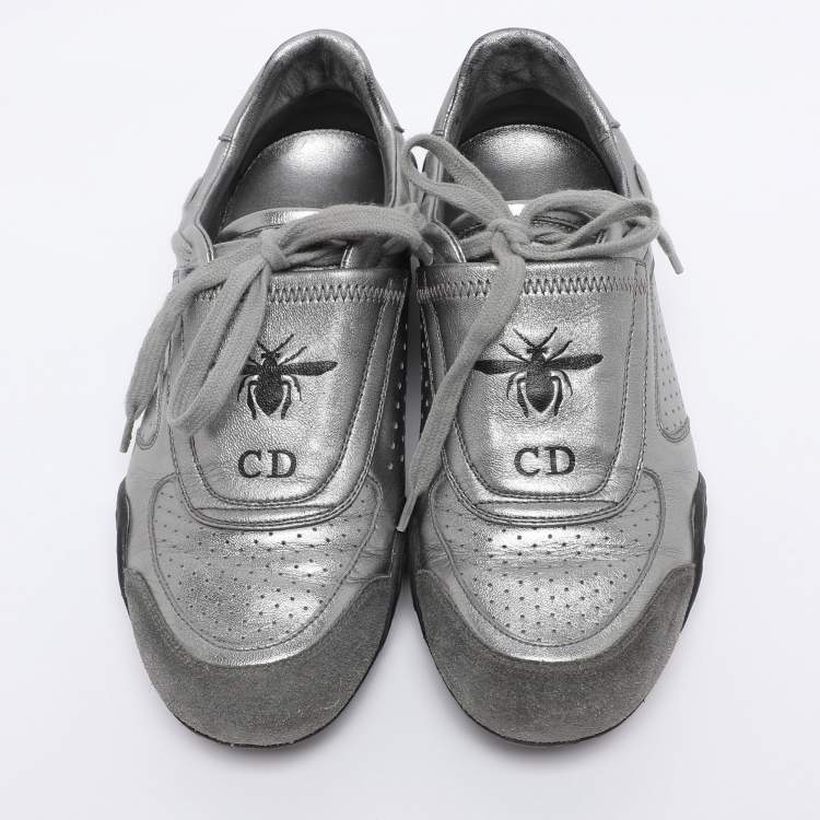 Pre Owned Dior Metallic Grey Leather and Suede D-Fence Sneakers Size 35.5