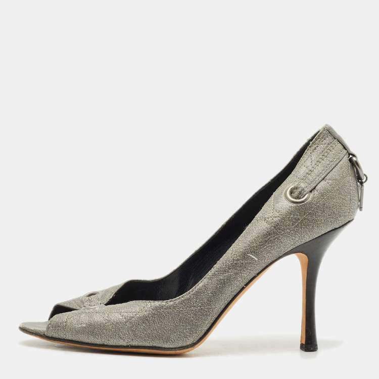 Pre Owned Dior Metallic Grey Cannage Leather Peep Toe Pumps Size 37