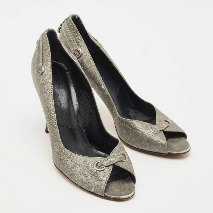 Pre Owned Dior Metallic Grey Cannage Leather Peep Toe Pumps Size 37