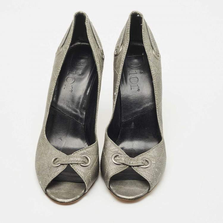 Pre Owned Dior Metallic Grey Cannage Leather Peep Toe Pumps Size 37