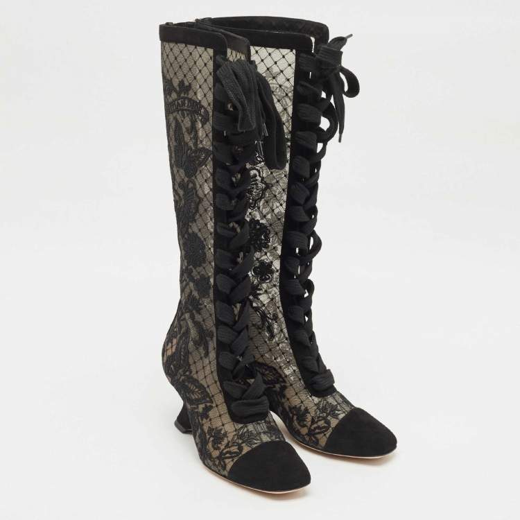 Pre Owned Dior Black Embroidered Mesh and Suede Naughtily-D Knee Length Boots Size 35