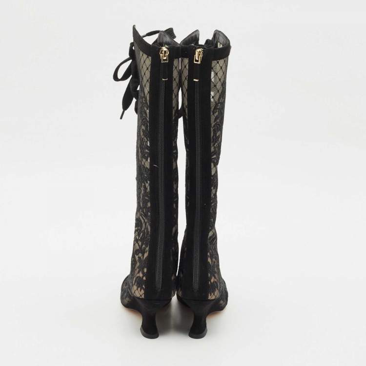 Pre Owned Dior Black Embroidered Mesh and Suede Naughtily-D Knee Length Boots Size 35