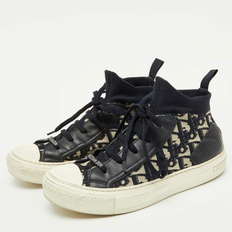 Pre Owned Dior Navy Blue Oblique Knit Fabric and Leather Walk'n'Dior Lace Up Sneakers Size 37