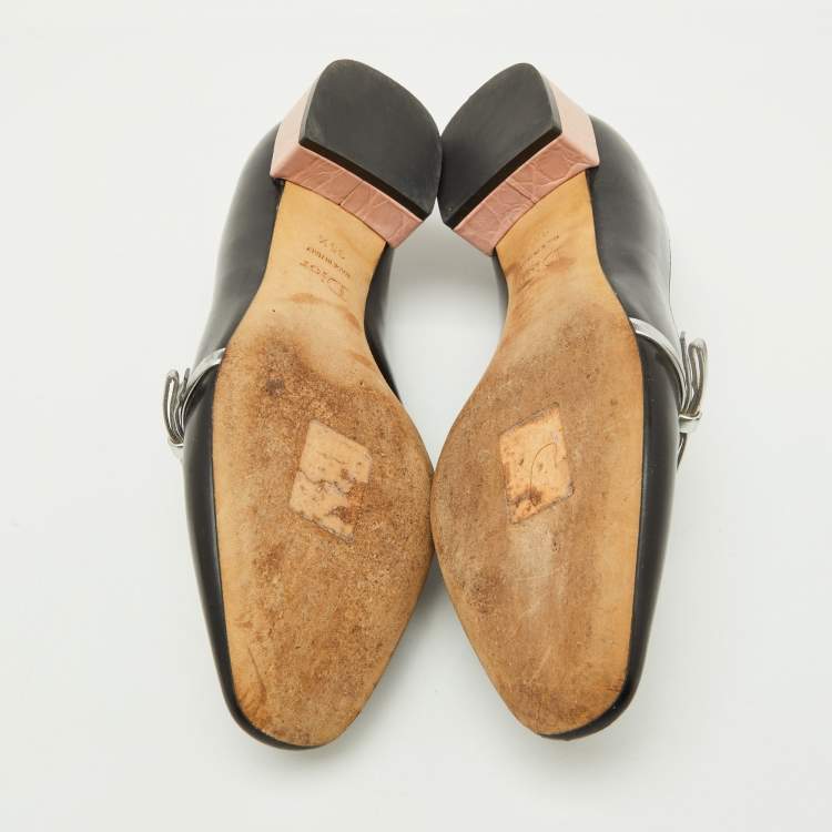 Pre Owned Dior Black/Silver Leather Bow Detail Slip On Loafers Size 35.5