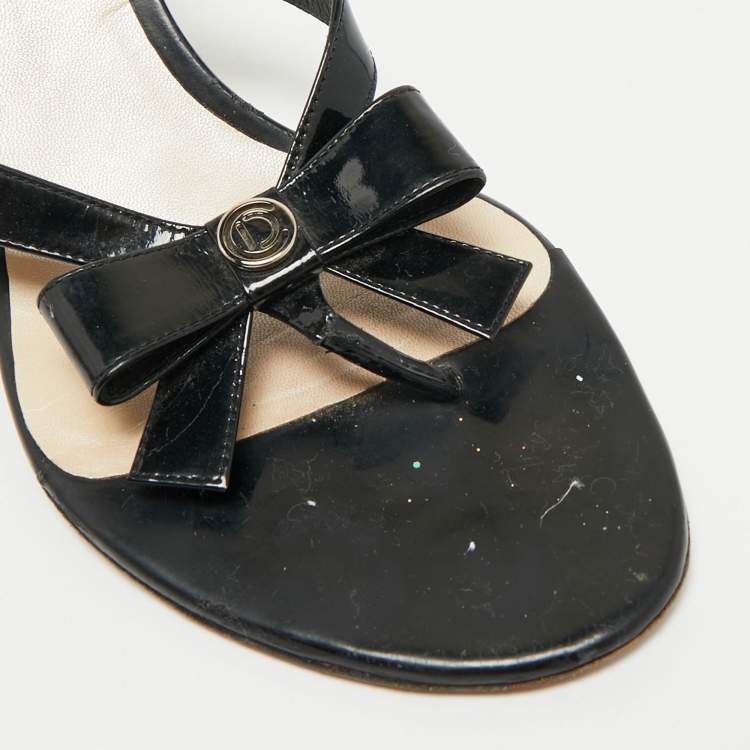Pre Owned Christian Dior Black Patent Logo Bow Slides Size 41