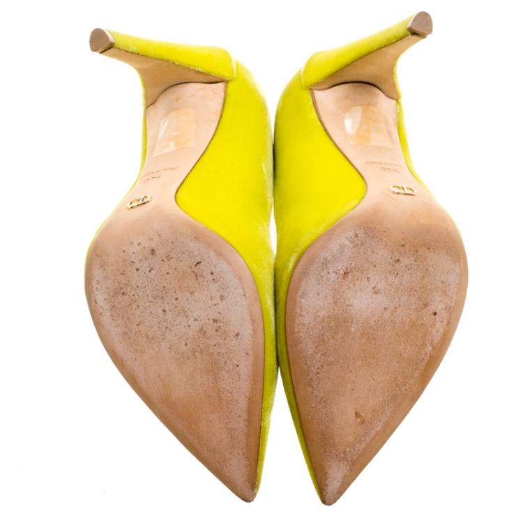 Pre Owned Dior Florescent Yellow Velvet Pointed Toe Pumps Size 37.5