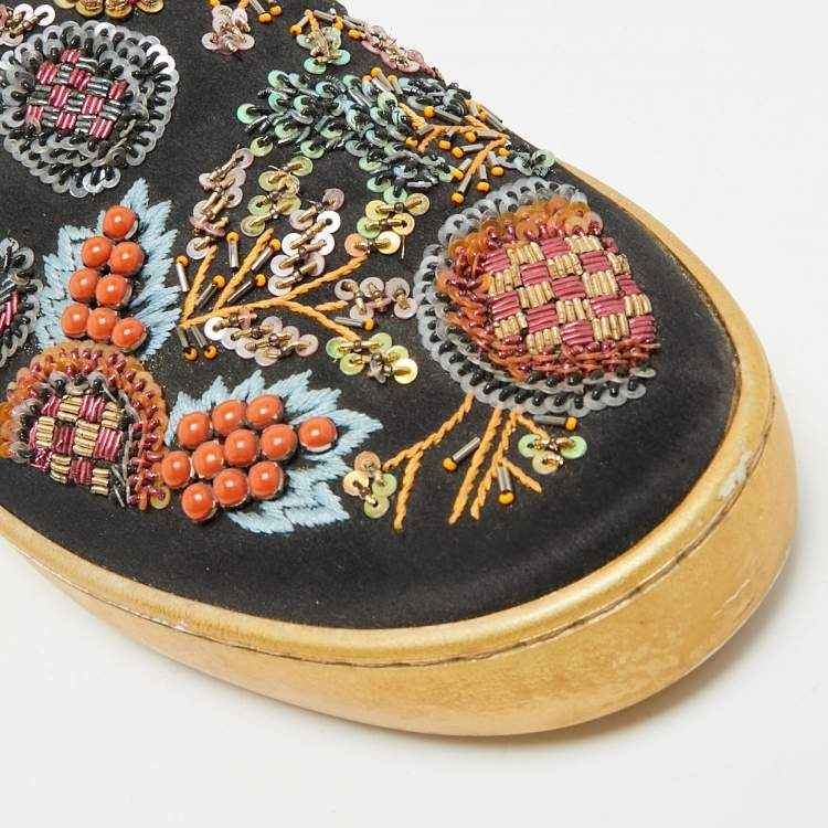 Pre Owned Dior Black/Gold Leather And Satin Floral Embellished Slip On Sneaker Size 36.5