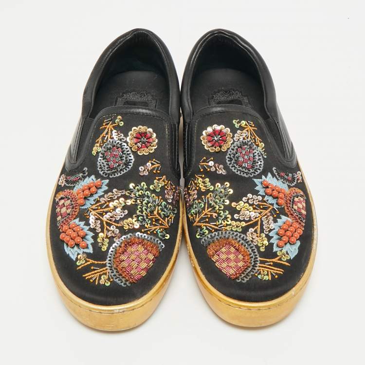 Pre Owned Dior Black/Gold Leather And Satin Floral Embellished Slip On Sneaker Size 36.5