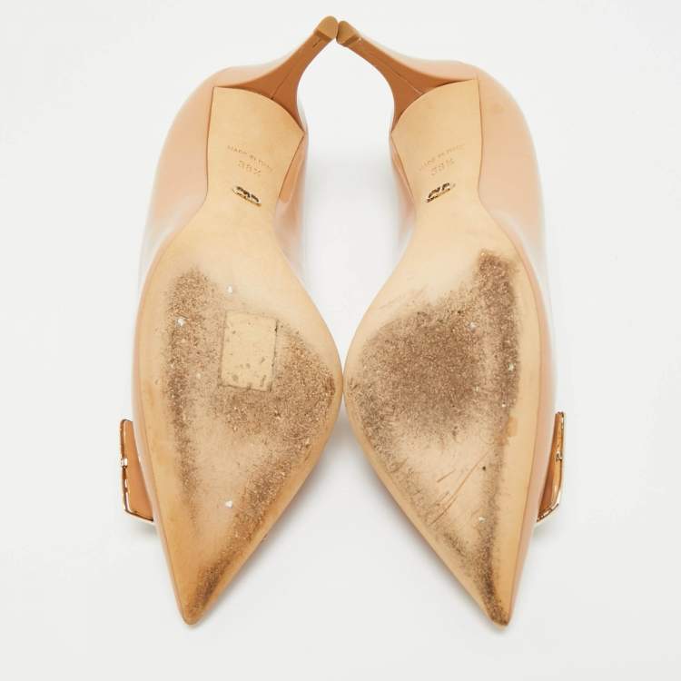 Pre Owned Dior Beige Cannage Patent Leather Buckle Embellished Pointed Toe Pumps Size 38.5