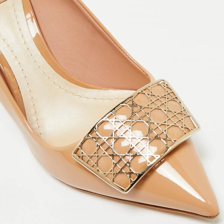 Pre Owned Dior Beige Cannage Patent Leather Buckle Embellished Pointed Toe Pumps Size 38.5