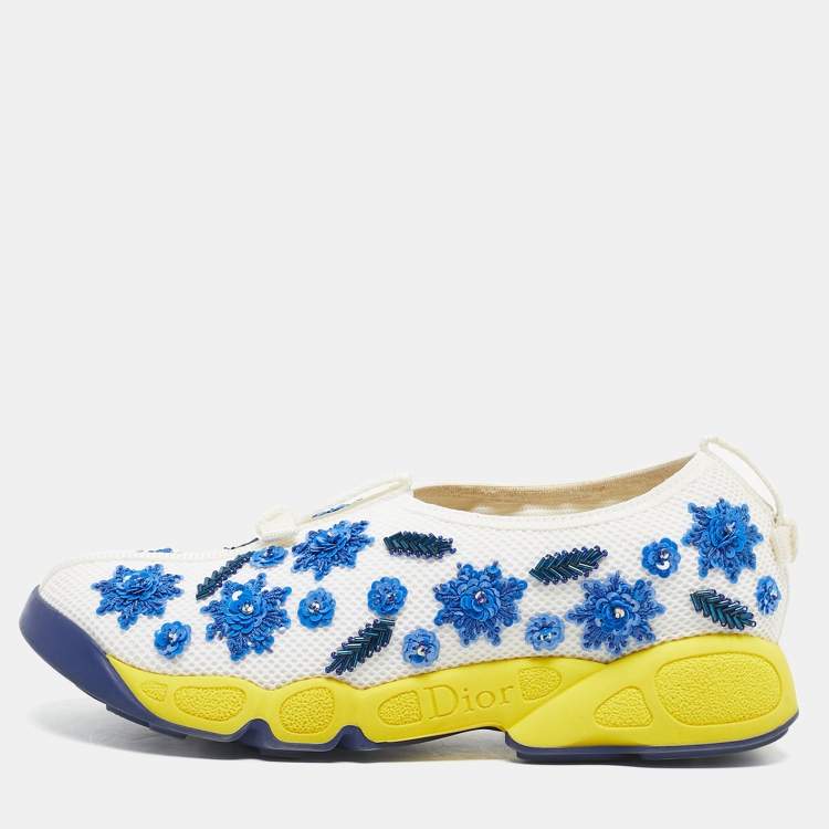 Pre Owned Dior White/Blue Mesh Crystal Embellishment Fusion Sneakers Size 35