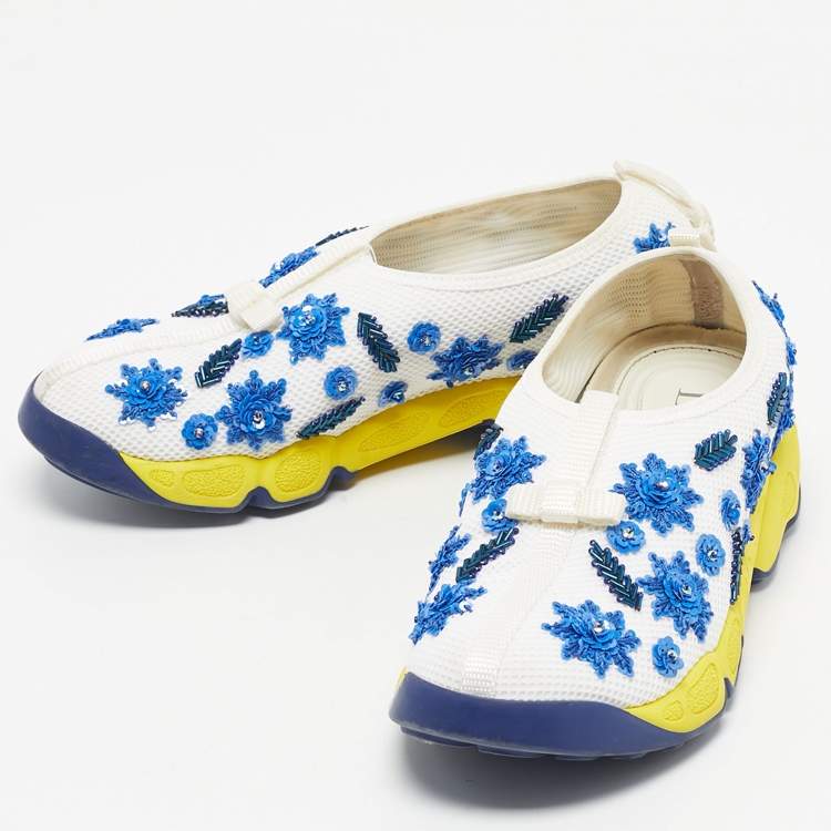 Pre Owned Dior White/Blue Mesh Crystal Embellishment Fusion Sneakers Size 35