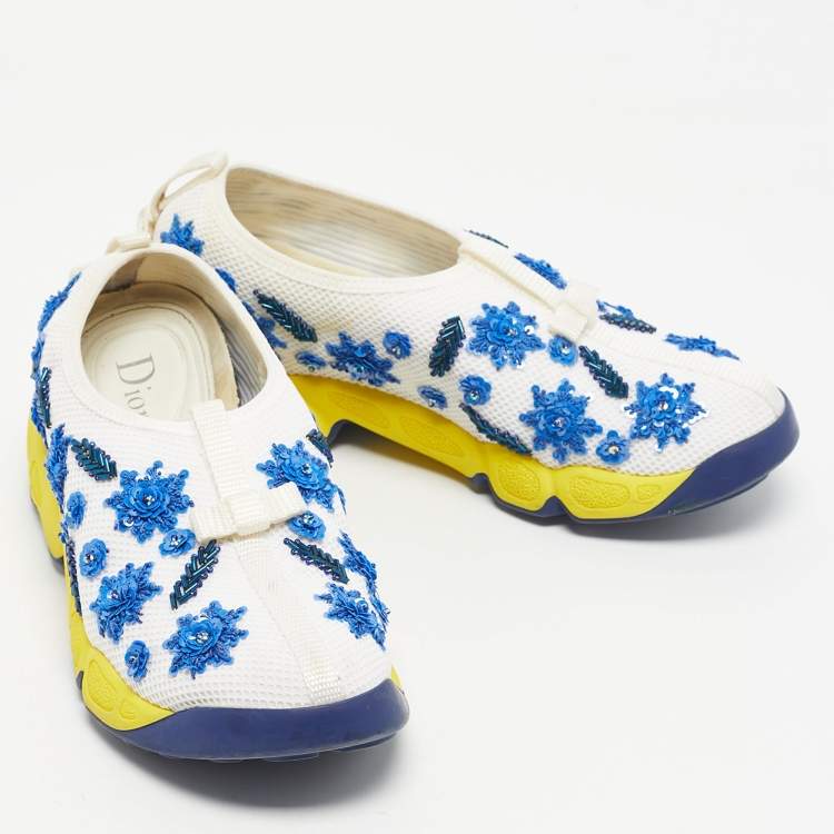Pre Owned Dior White/Blue Mesh Crystal Embellishment Fusion Sneakers Size 35