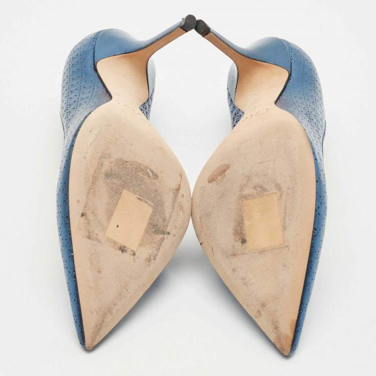 Pre Owned Dior Metallic Blue Microcannage Patent Leather Cherie Pointed Toe Pumps Size 36.5