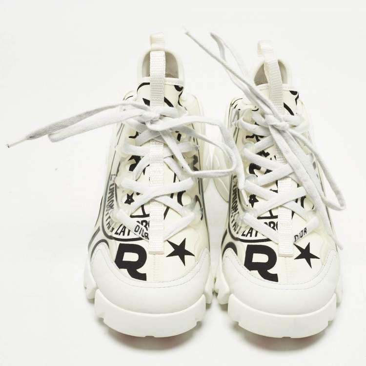 Pre Owned Dior White/Black Knit Fabric and PVC D-Connect Low Top Sneakers Size 36.5