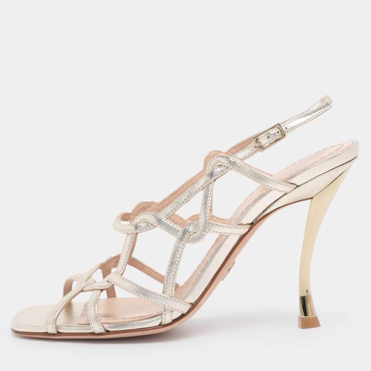 Pre Owned Dior Gold Leather D-Frame Slingback Sandals Size 37