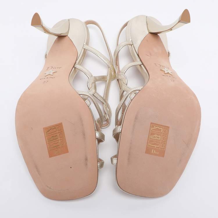 Pre Owned Dior Gold Leather D-Frame Slingback Sandals Size 37