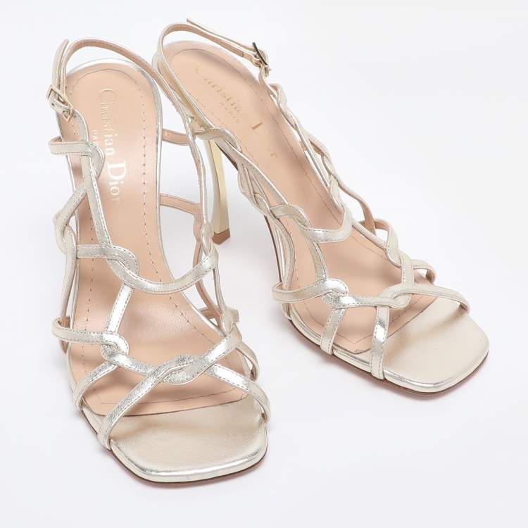 Pre Owned Dior Gold Leather D-Frame Slingback Sandals Size 37
