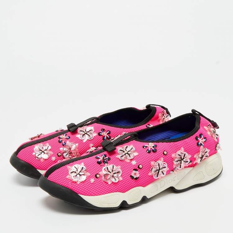Pre Owned Dior Pink Mesh Crystal Embellished Fusion Sneakers Size 39
