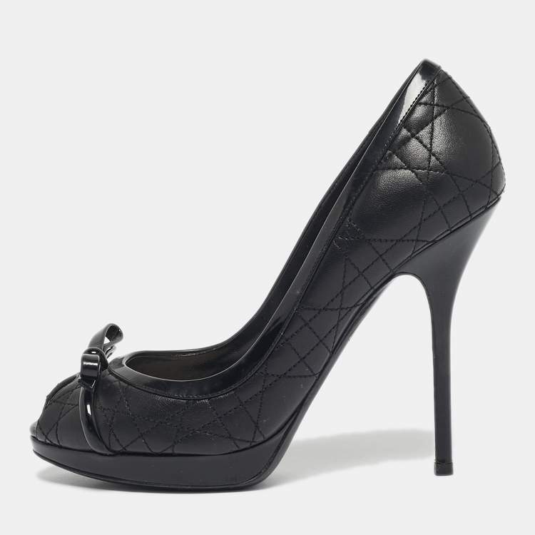 Pre Owned Dior Black Cannage Leather and Patent Peep Toe Pumps Size 38