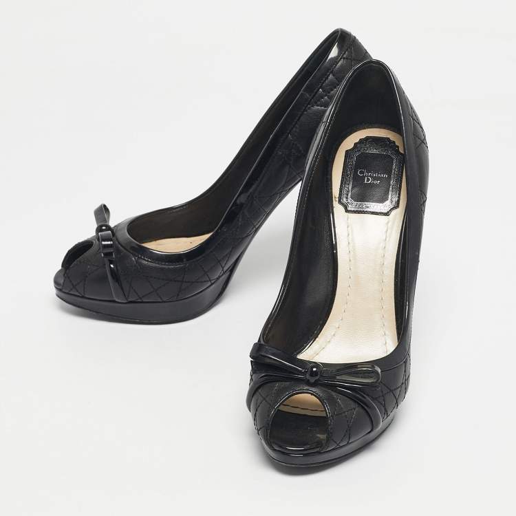 Pre Owned Dior Black Cannage Leather and Patent Peep Toe Pumps Size 38
