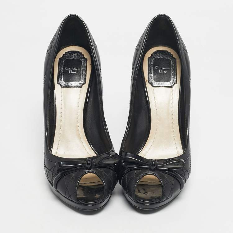 Pre Owned Dior Black Cannage Leather and Patent Peep Toe Pumps Size 38