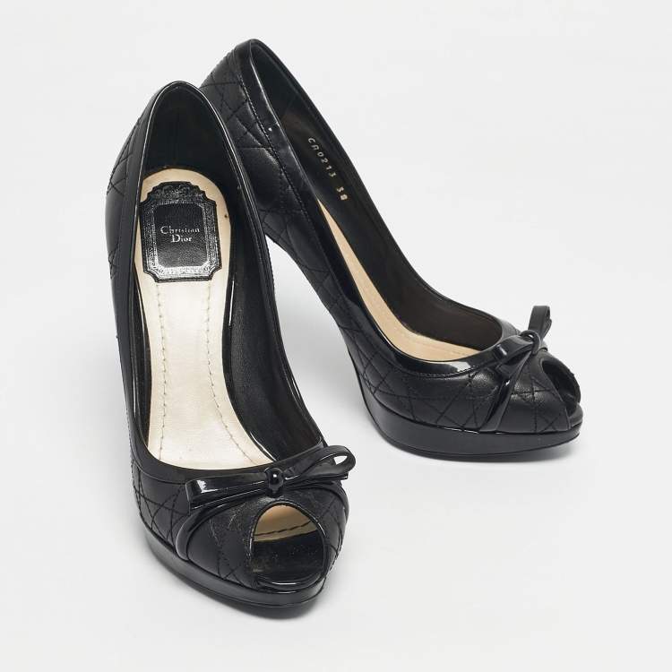 Pre Owned Dior Black Cannage Leather and Patent Peep Toe Pumps Size 38