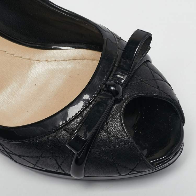 Pre Owned Dior Black Cannage Leather and Patent Peep Toe Pumps Size 38