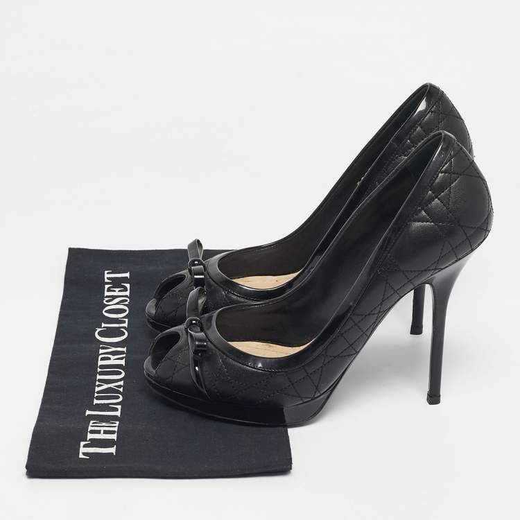 Pre Owned Dior Black Cannage Leather and Patent Peep Toe Pumps Size 38