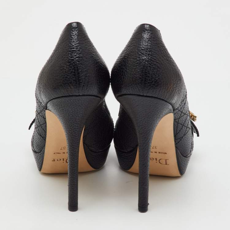 Pre Owned Dior Black Cannage Leather Bee Peep Toe Platform Pumps Size 37