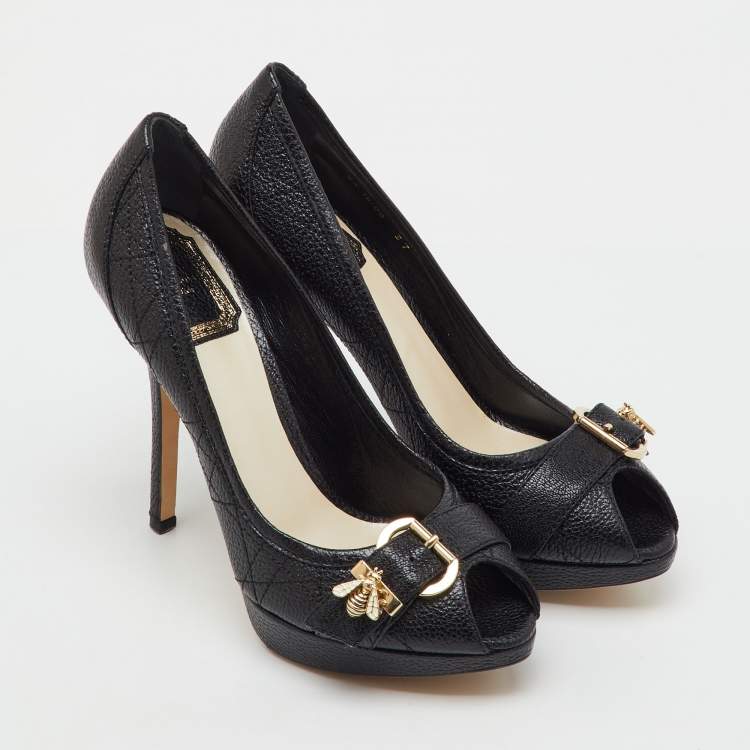 Pre Owned Dior Black Cannage Leather Bee Peep Toe Platform Pumps Size 37