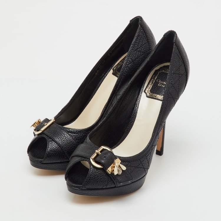 Pre Owned Dior Black Cannage Leather Bee Peep Toe Platform Pumps Size 37