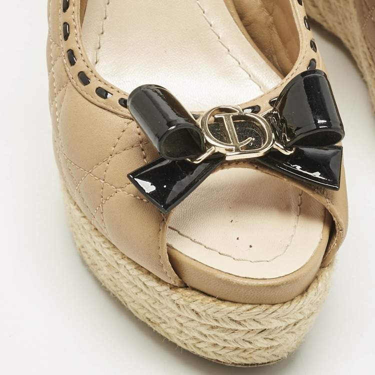 Pre Owned Dior Beige Cannage Leather Bow Slingback Wedge Pumps Size 38