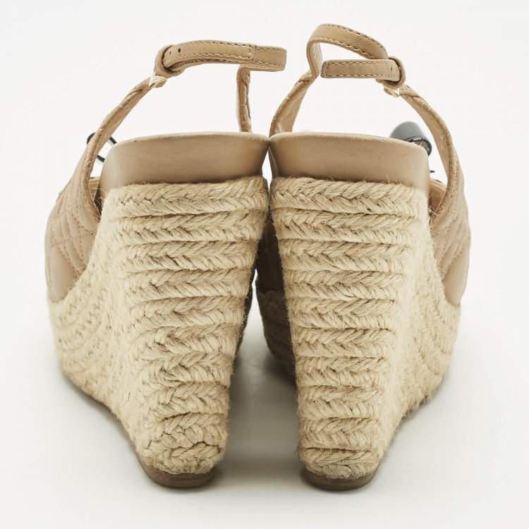 Pre Owned Dior Beige Cannage Leather Bow Slingback Wedge Pumps Size 38