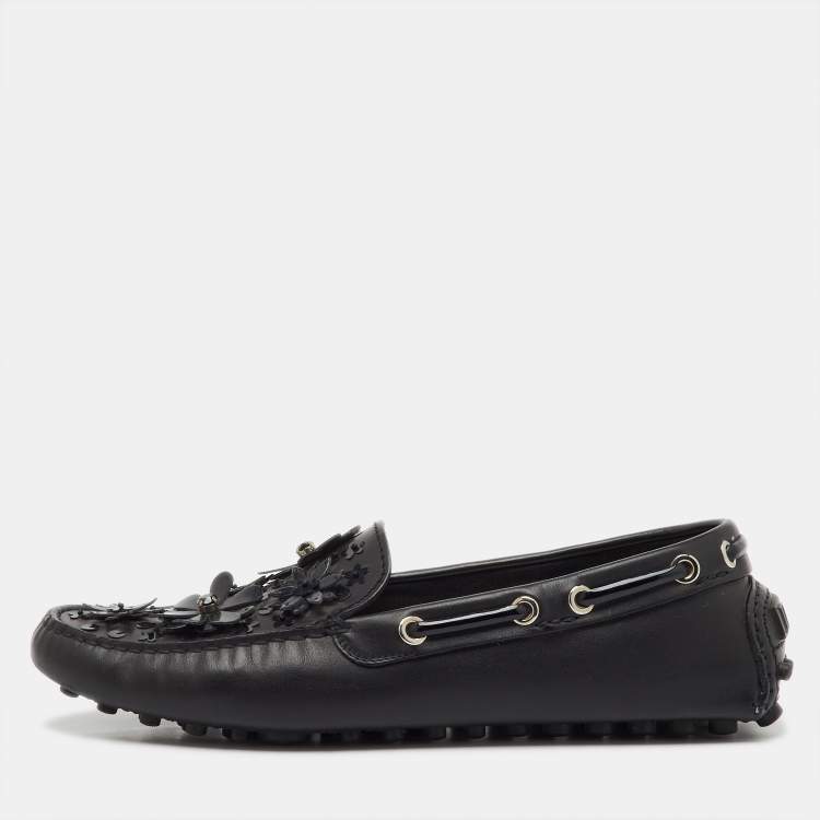 Pre Owned Dior Black Leather Flower Embellished Driving Loafers Size 38