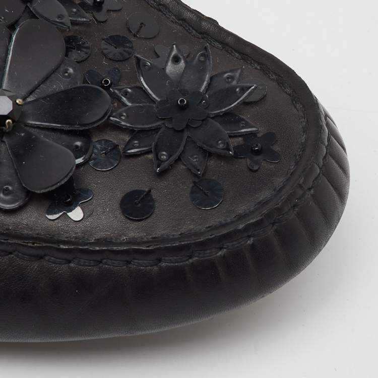 Pre Owned Dior Black Leather Flower Embellished Driving Loafers Size 38